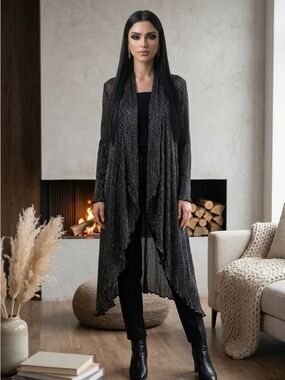 OC Salinas Womens Elegant Metallic Open Knit Duster Cardigan Black Silver Boho